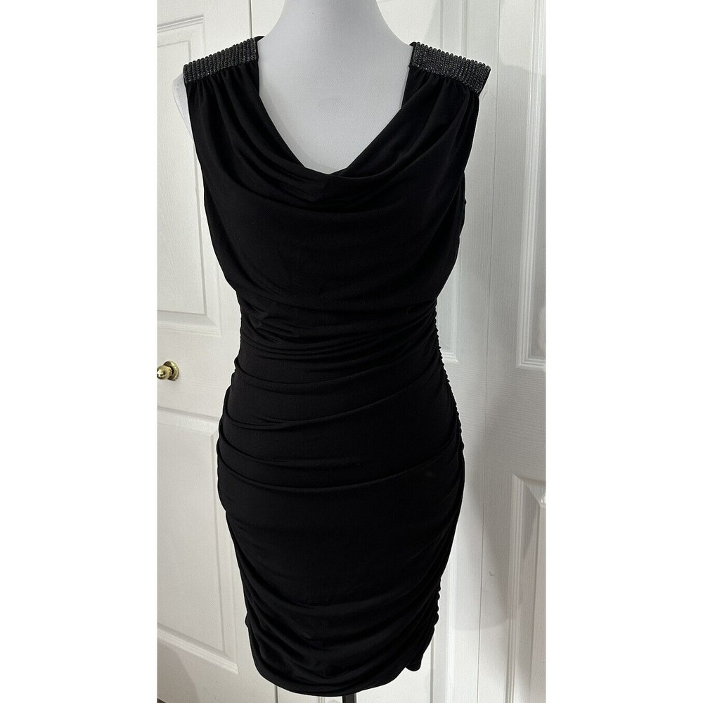 A. Byer Black Ruched Cocktail Dress Sleeveless Beaded Strap Drape Neck Sz M EUC